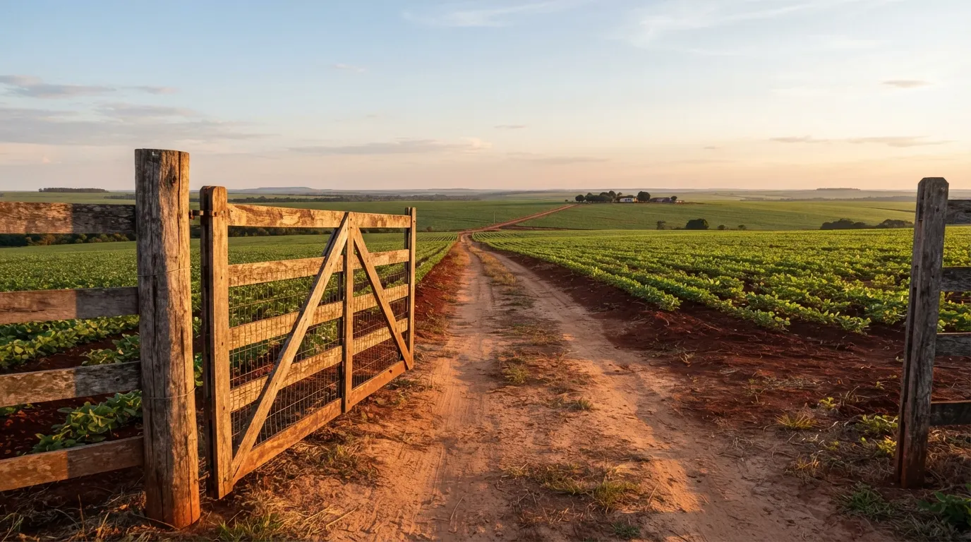 Estrada de terra e porteira em propriedade rural ao entardecer